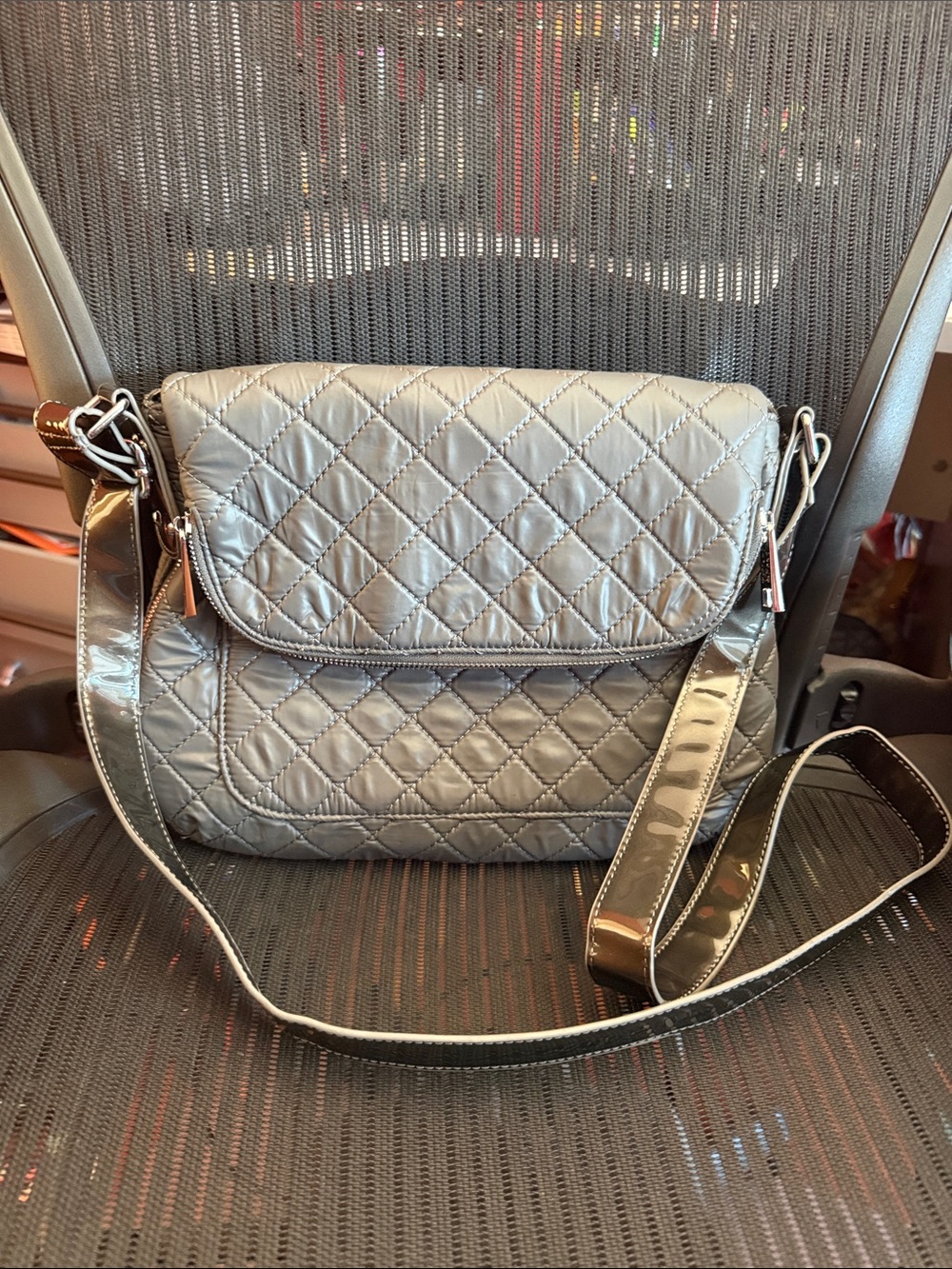TIFFANY & FRED Quilted Metallic Grey Convertible Flap Crossbody Bag